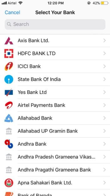 select the bank for UPI
