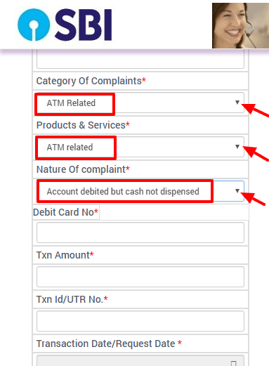 SBI ATM complaint online Form