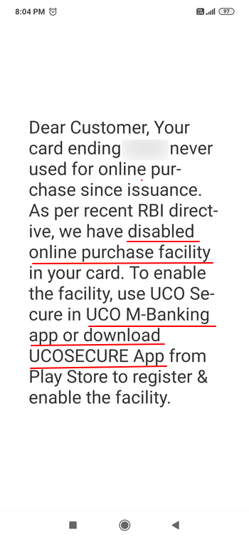 contact-less usage of card message from bank