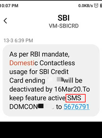 SBI Message for usage of the card