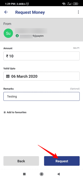 Request Money Page of BHIM app