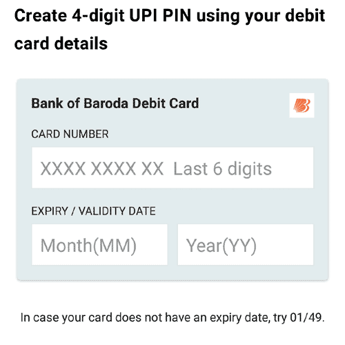 enter debit card details