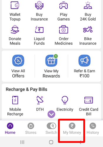 PHonepe My Money Page