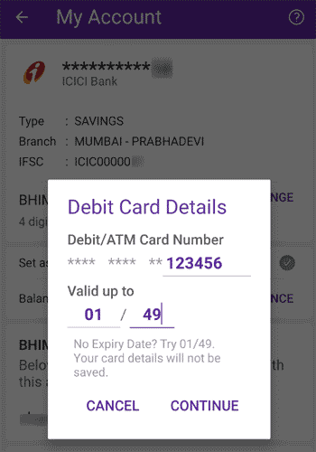 Debit card details for UPI PIN Reset