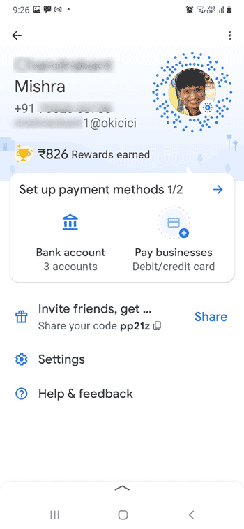 Google Pay Bank account page