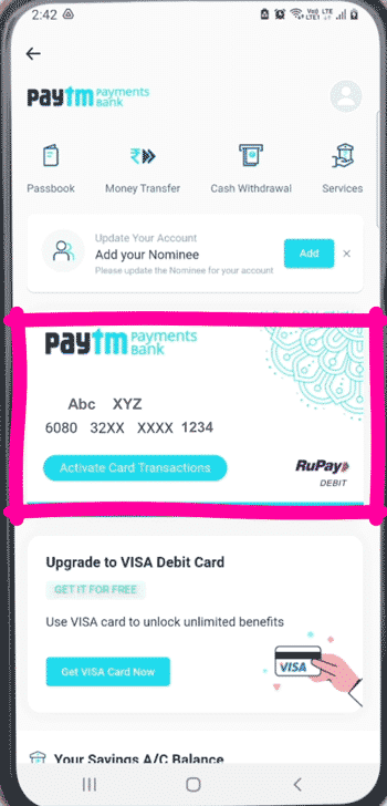 paytm account atm card details 