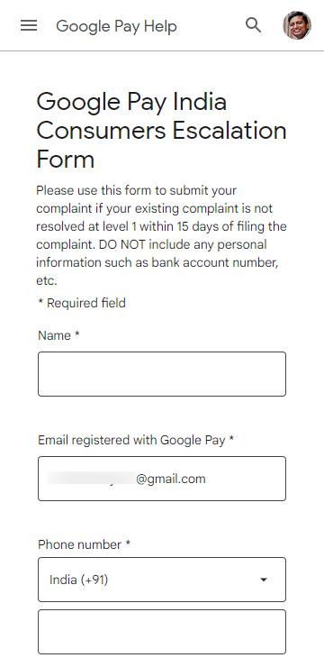 Google Pay India Consumers Escalation Form Google Pay Help