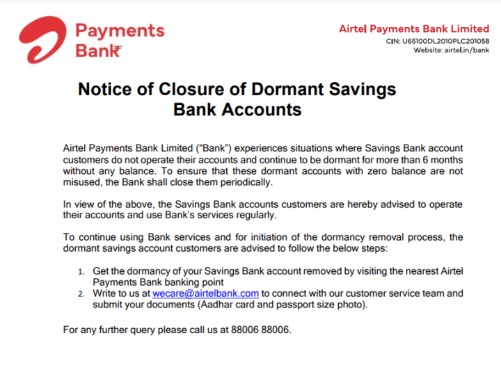 Notice of closure of dormant savings account